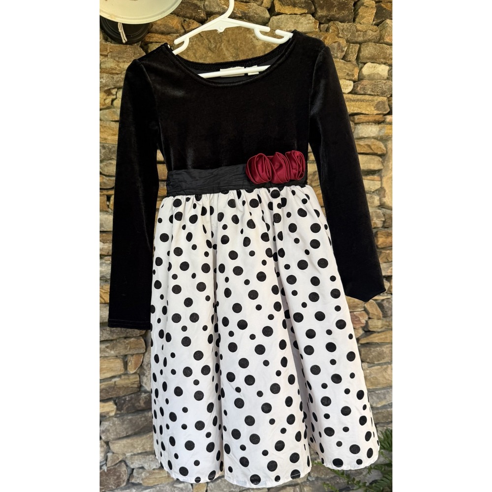 The Children's Place Girls Black Velvet Polka Dot Holiday Dress Rosette Size 5